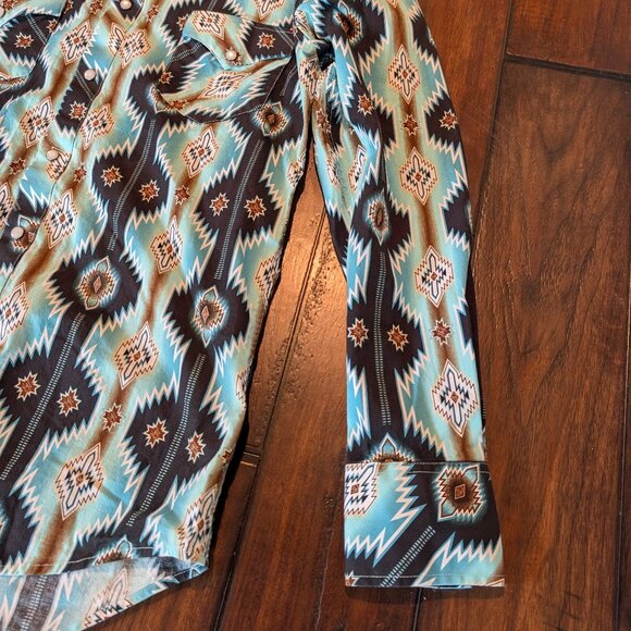 Rock & Roll Denim Shirt Mens Medium Blue Aztec Western Pearl Snap Modern Fit - Picture 3 of 8